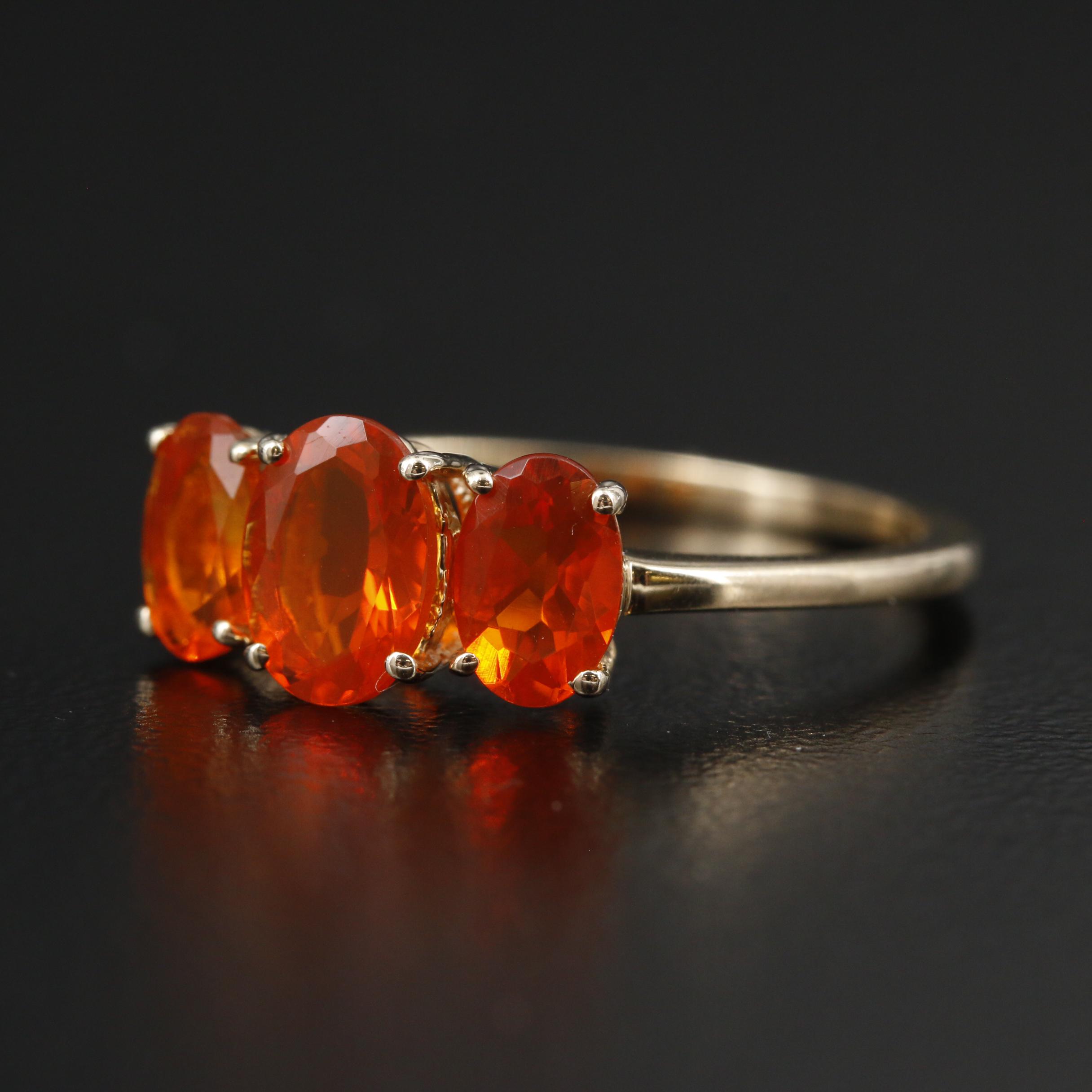 10K Yellow Gold Fire Opal Three Stone Ring