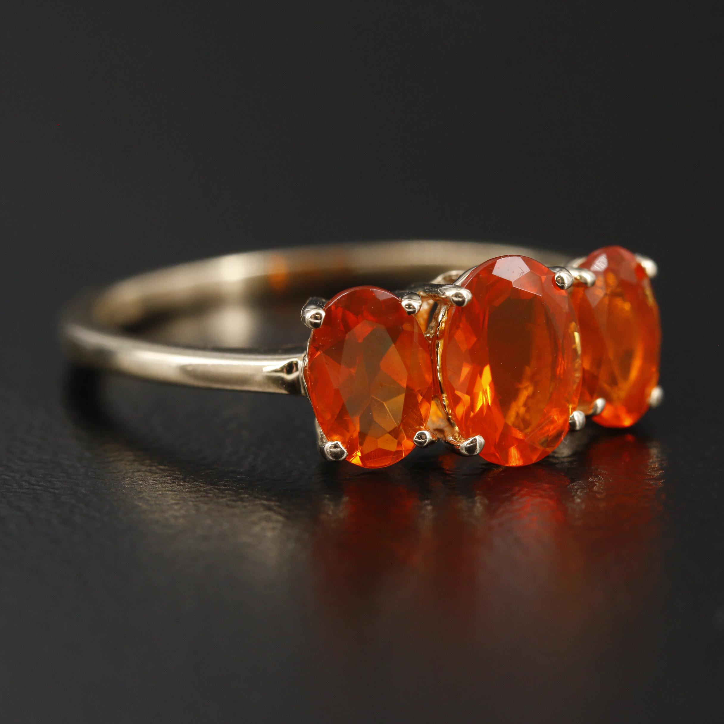 10K Yellow Gold Fire Opal Three Stone Ring