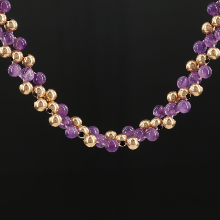 14K Yellow Gold Woven Amethyst Beaded Necklace