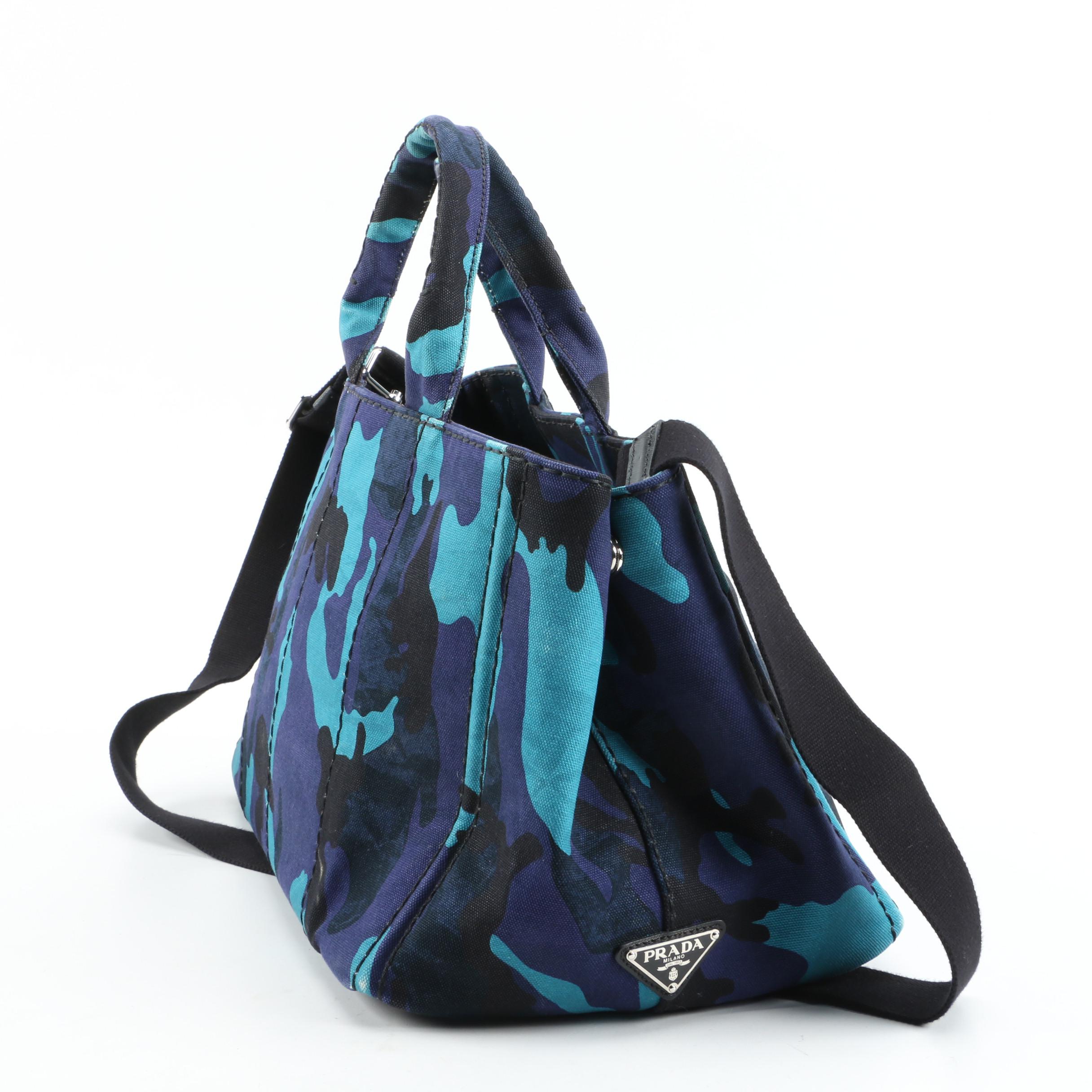 Prada Convertible Tote Bag in Blue Printed Canapa Canvas