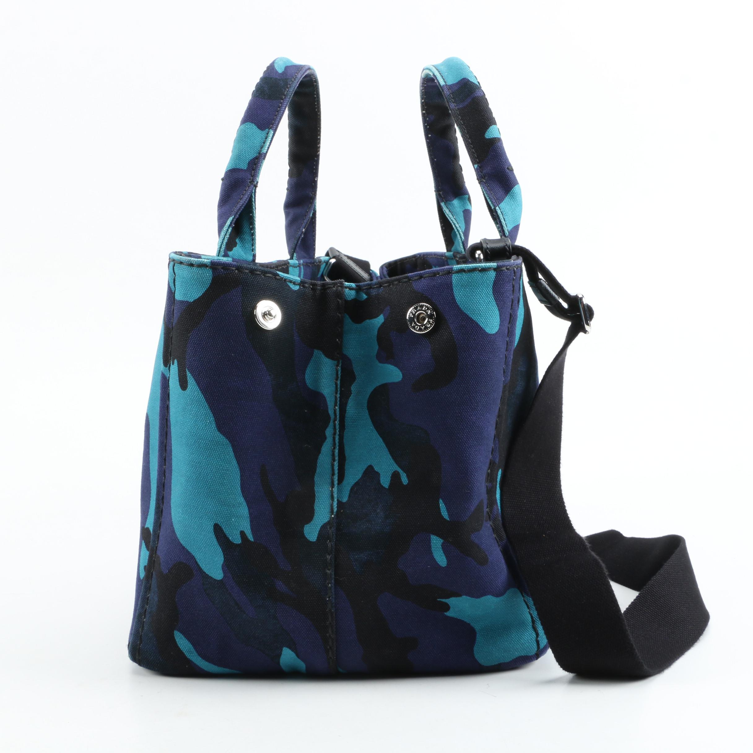 Prada Convertible Tote Bag in Blue Printed Canapa Canvas