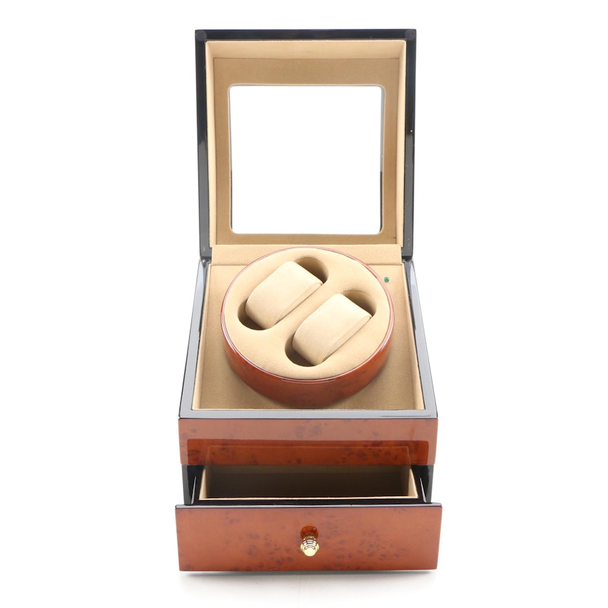 Dual Watch Winder  with Burl Wood Finish Case, Contemporary