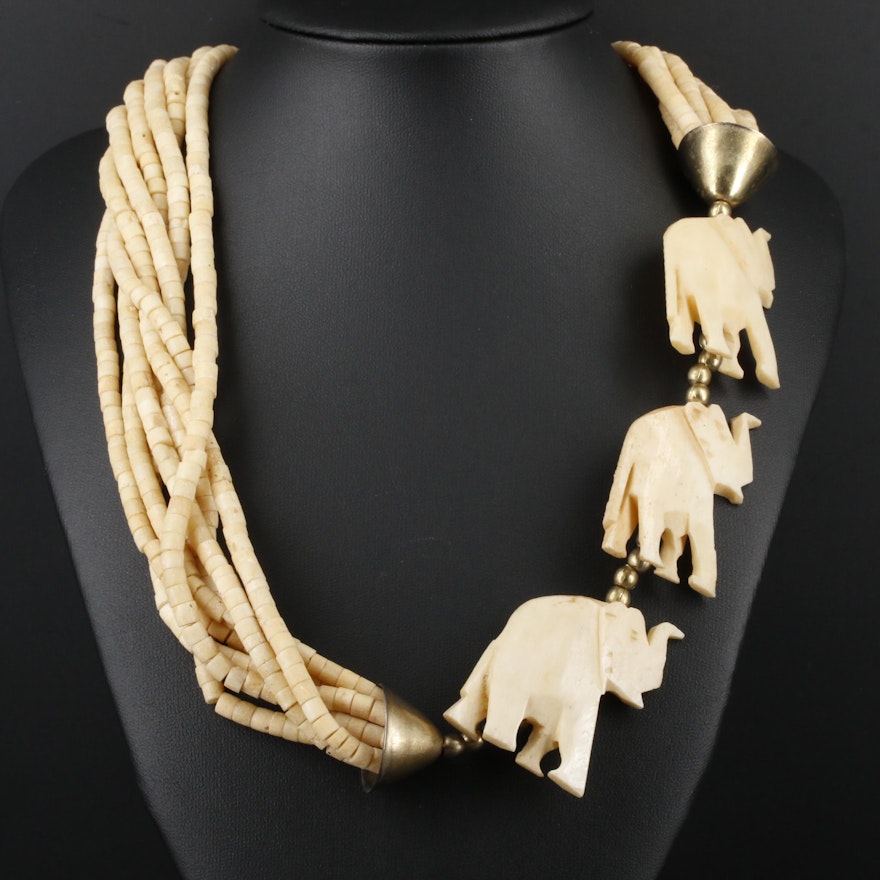 Bone Carved Elephant Bead Necklace