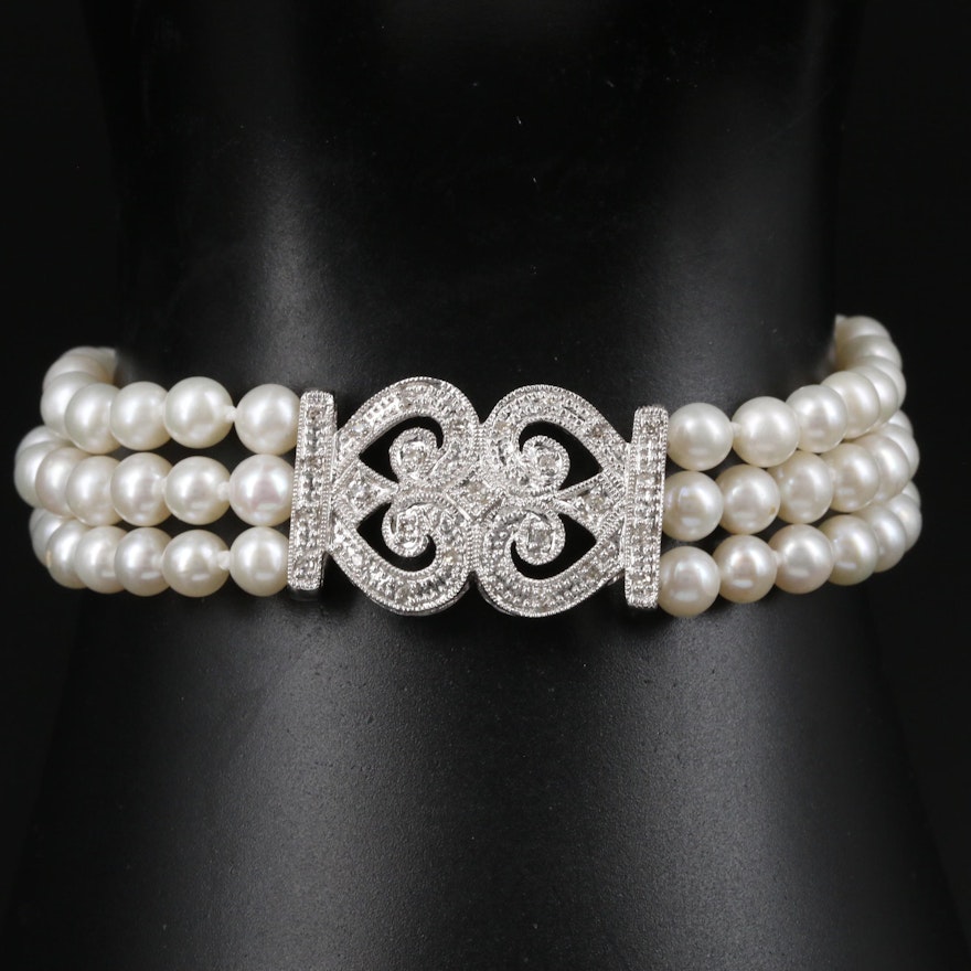14K White Gold Pearl and Diamond Triple-Strand Bracelet
