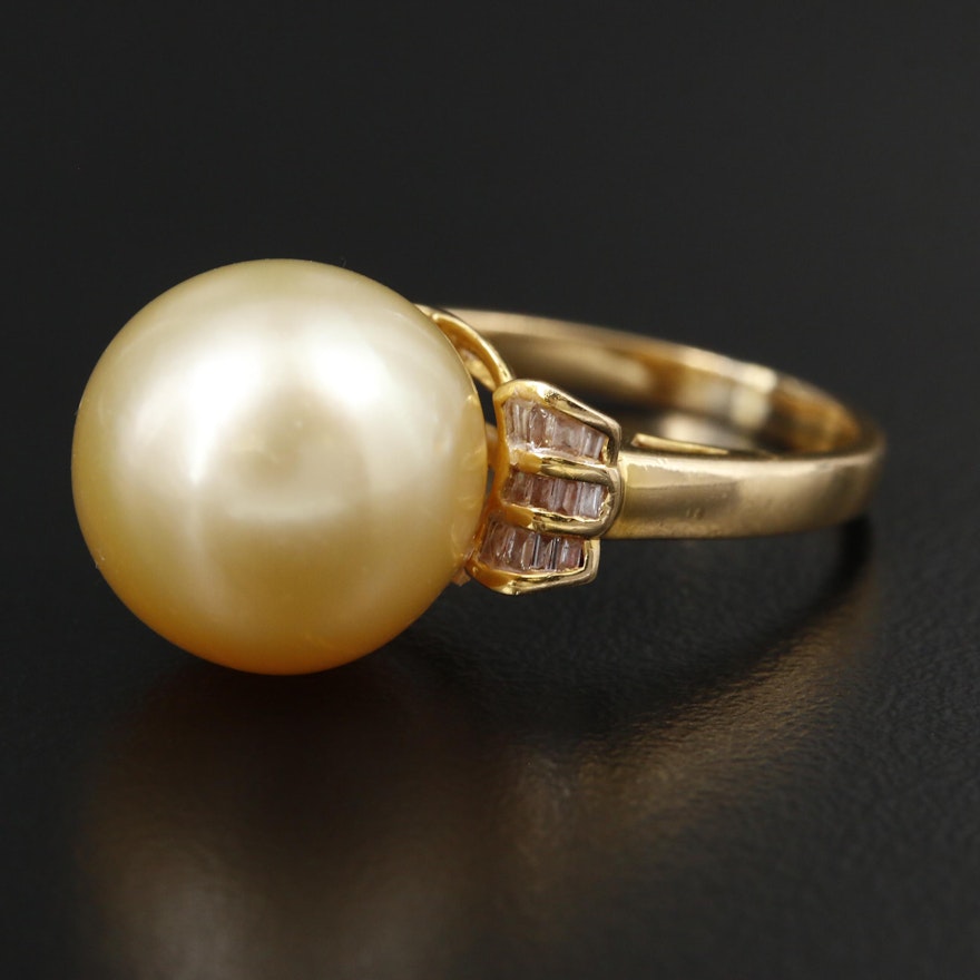 18K Yellow Gold Pearl and Diamond Ring