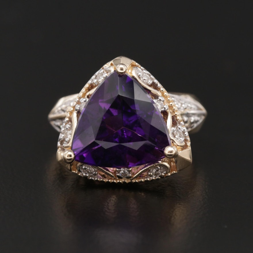 14K Yellow Gold Amethyst and Diamond Ring