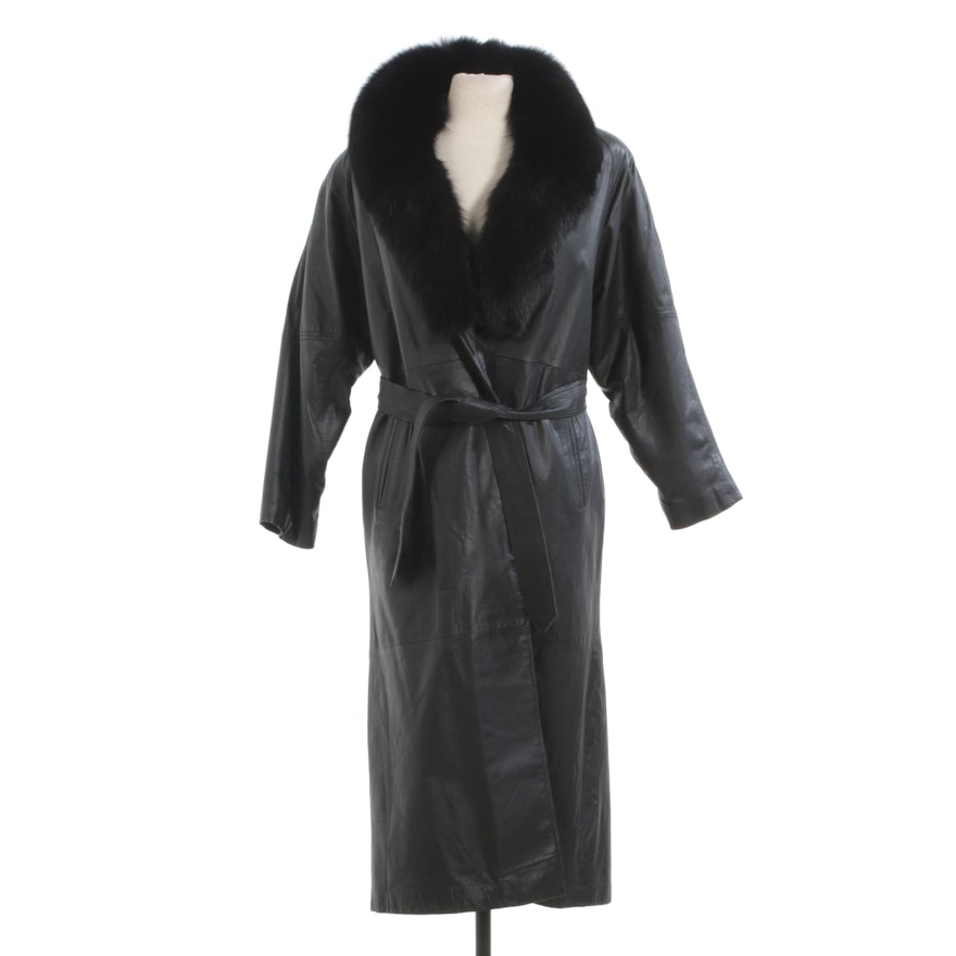 Black Leather Coat with Sash Belt and Fox Fur Collar by Maison Blanche