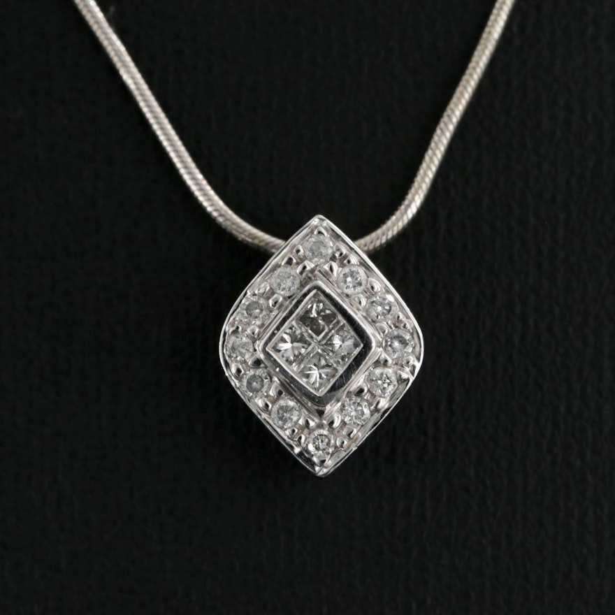 14K White Gold Diamond Pendant On Snake Chain Necklace