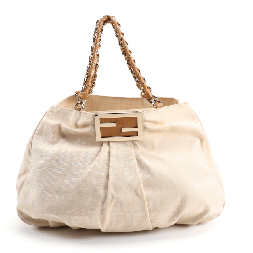 Fendi Large Mia Shoulder Bag in Off-White Zucca Canvas and Tan Leather