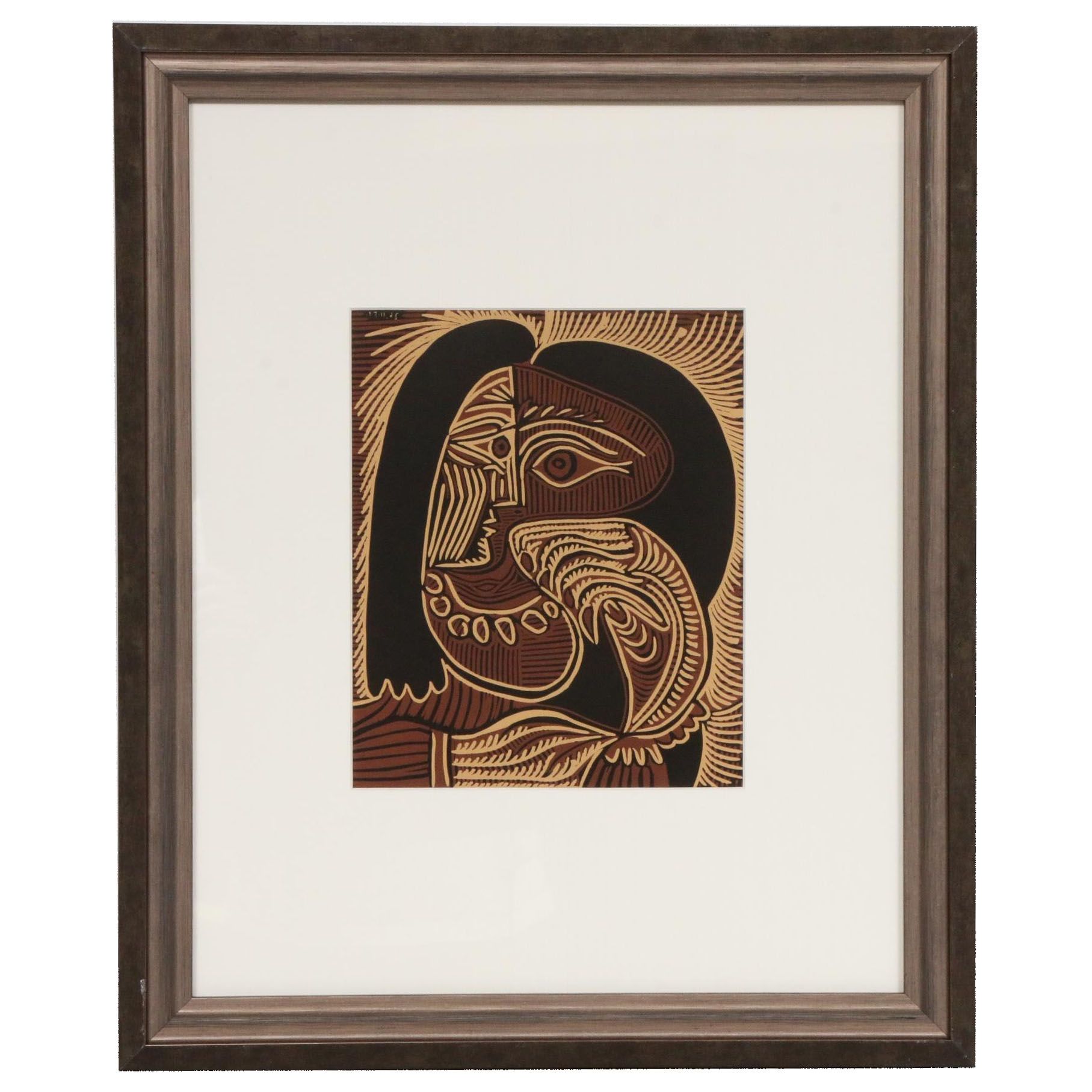 Linoleum Cut Designed by Pablo Picasso "Female Head with Necklace," 1962