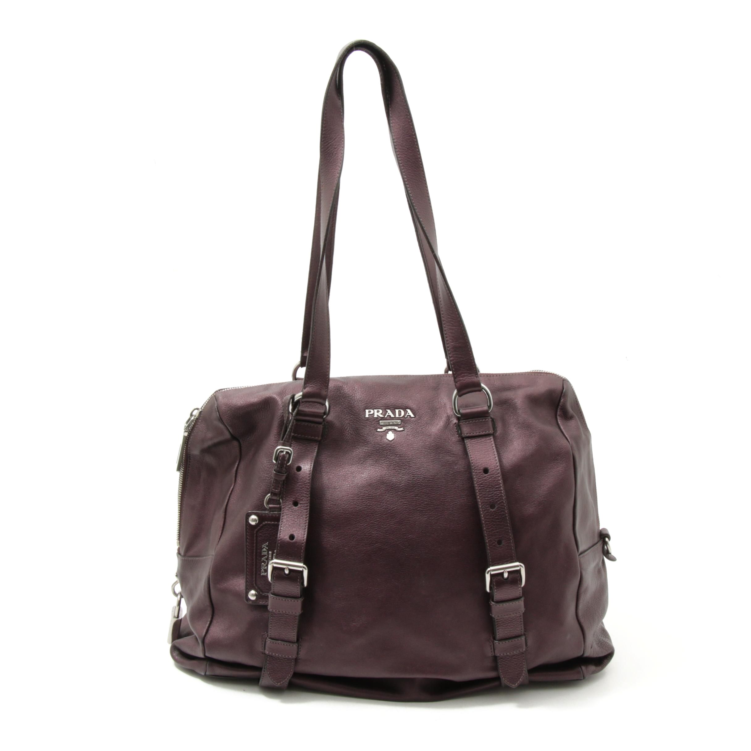 Prada Daino Leather Buckle Satchel Shoulder Bag in Aubergine