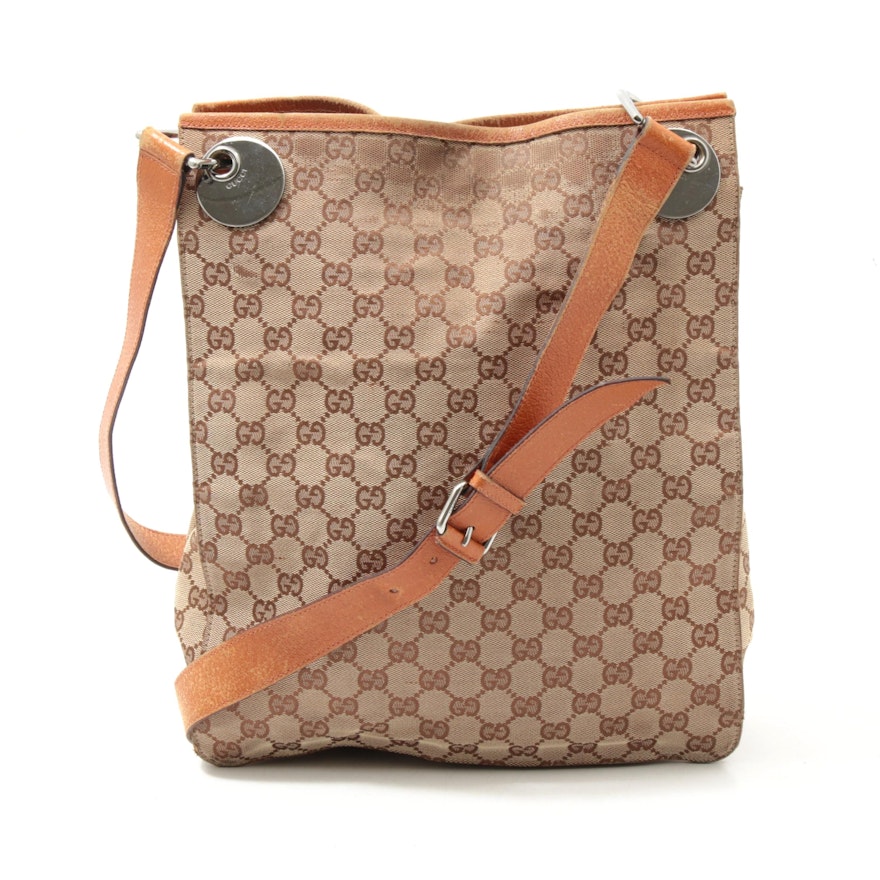 Gucci GG Supreme Canvas Crossbody Bag Trimmed in Orange Leather