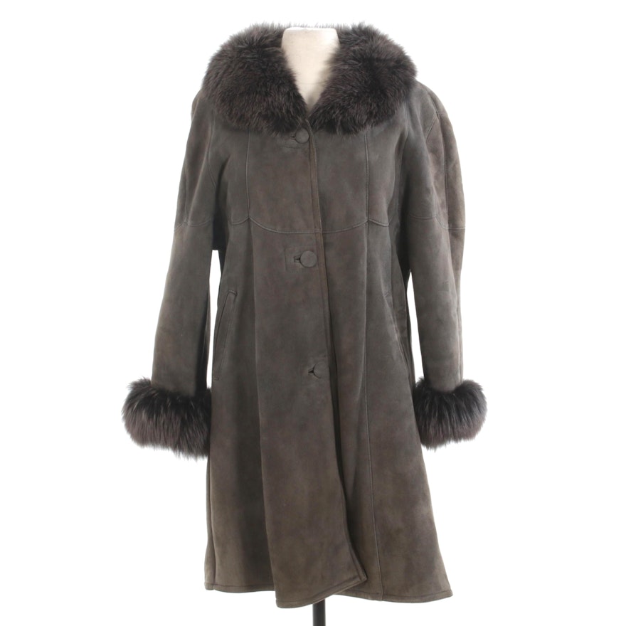 Fox Fur Trimmed Grey Sheepskin and Shearling Button-Front Coat