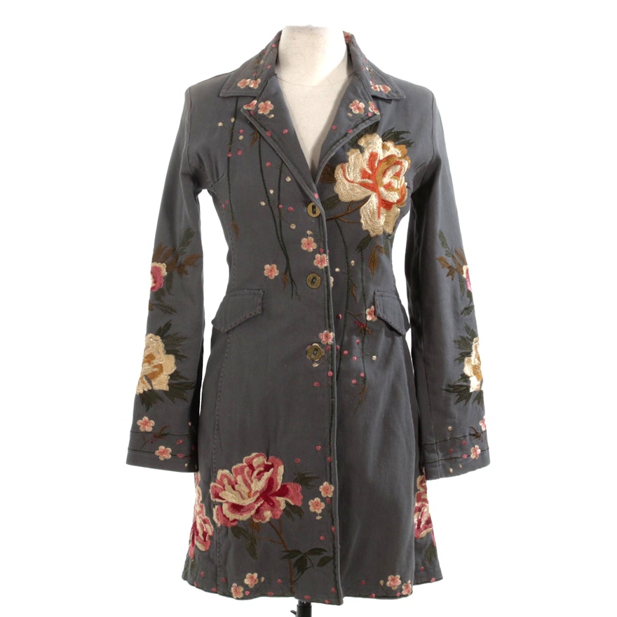 Pure West by Cheryl Long Floral Embroidered Denim Button-Front Long Jacket