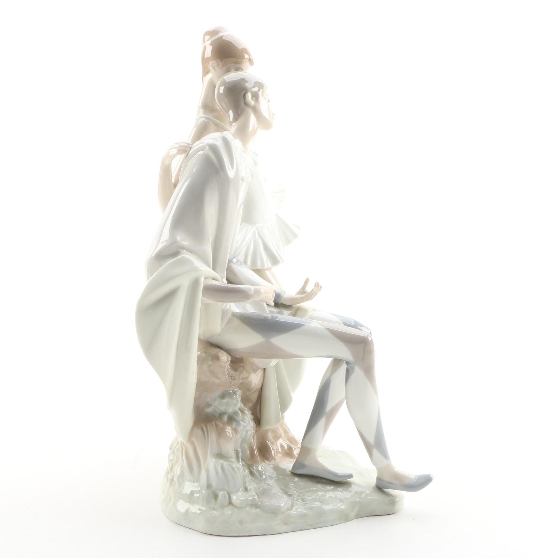 Lladró Porcelain Harlequin with Lute and Ballerina Figurine, 1971–1974