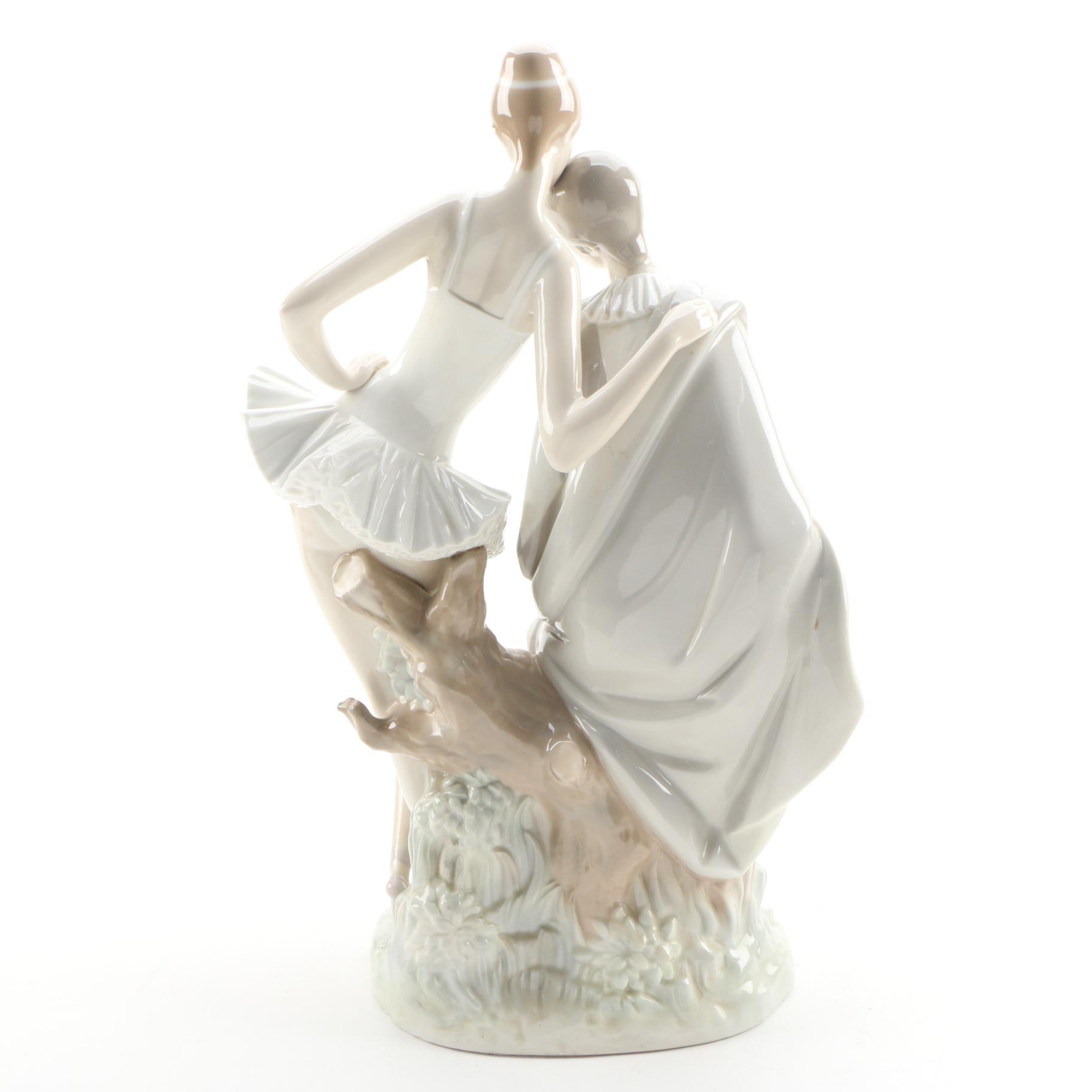 Lladró Porcelain Harlequin with Lute and Ballerina Figurine, 1971–1974