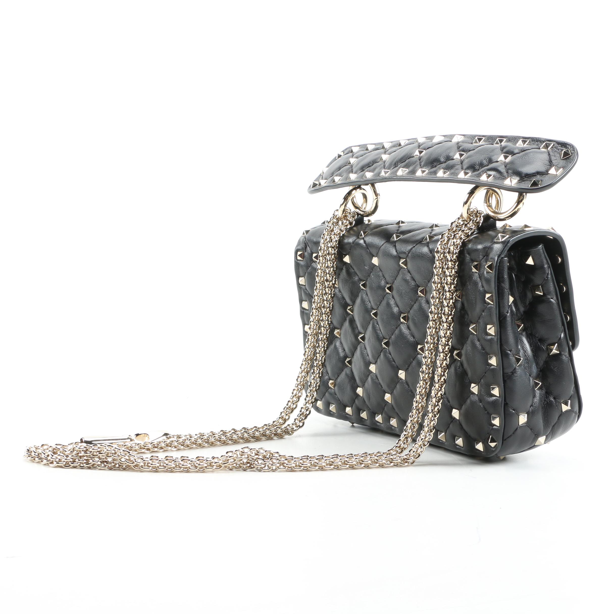 Valentino Rockstud Shoulder Bag in Black Quilted Leather with Chain Strap