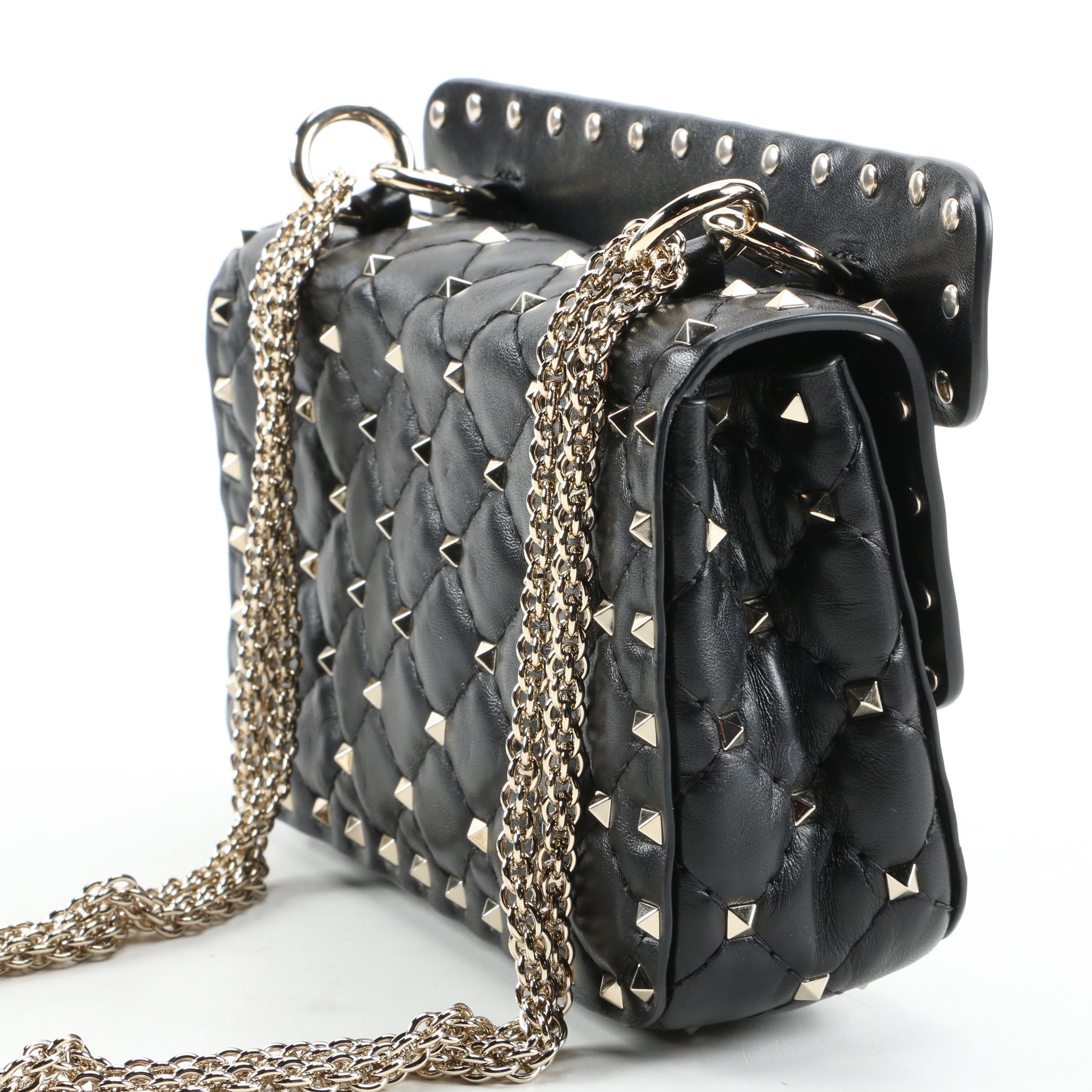 Valentino Rockstud Shoulder Bag in Black Quilted Leather with Chain Strap
