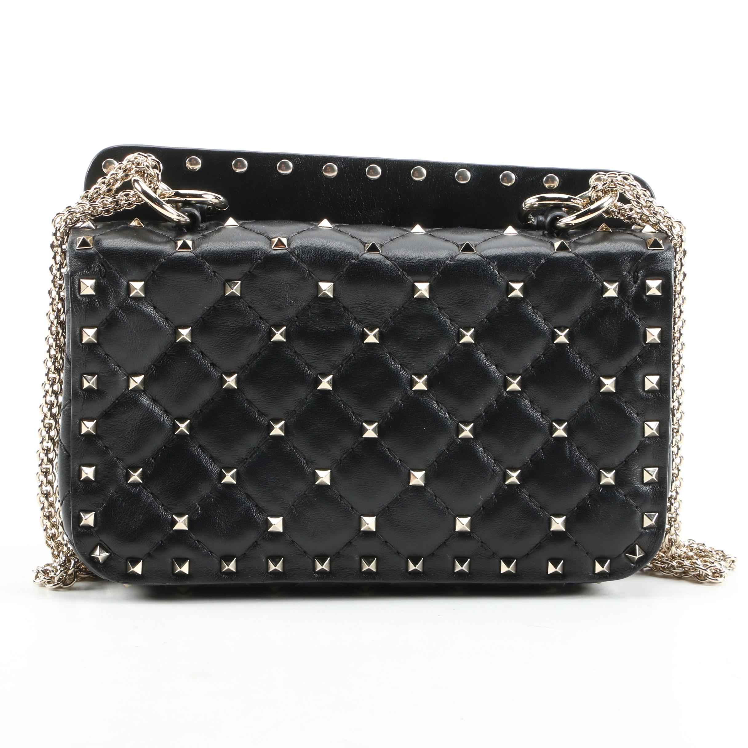 Valentino Rockstud Shoulder Bag in Black Quilted Leather with Chain Strap