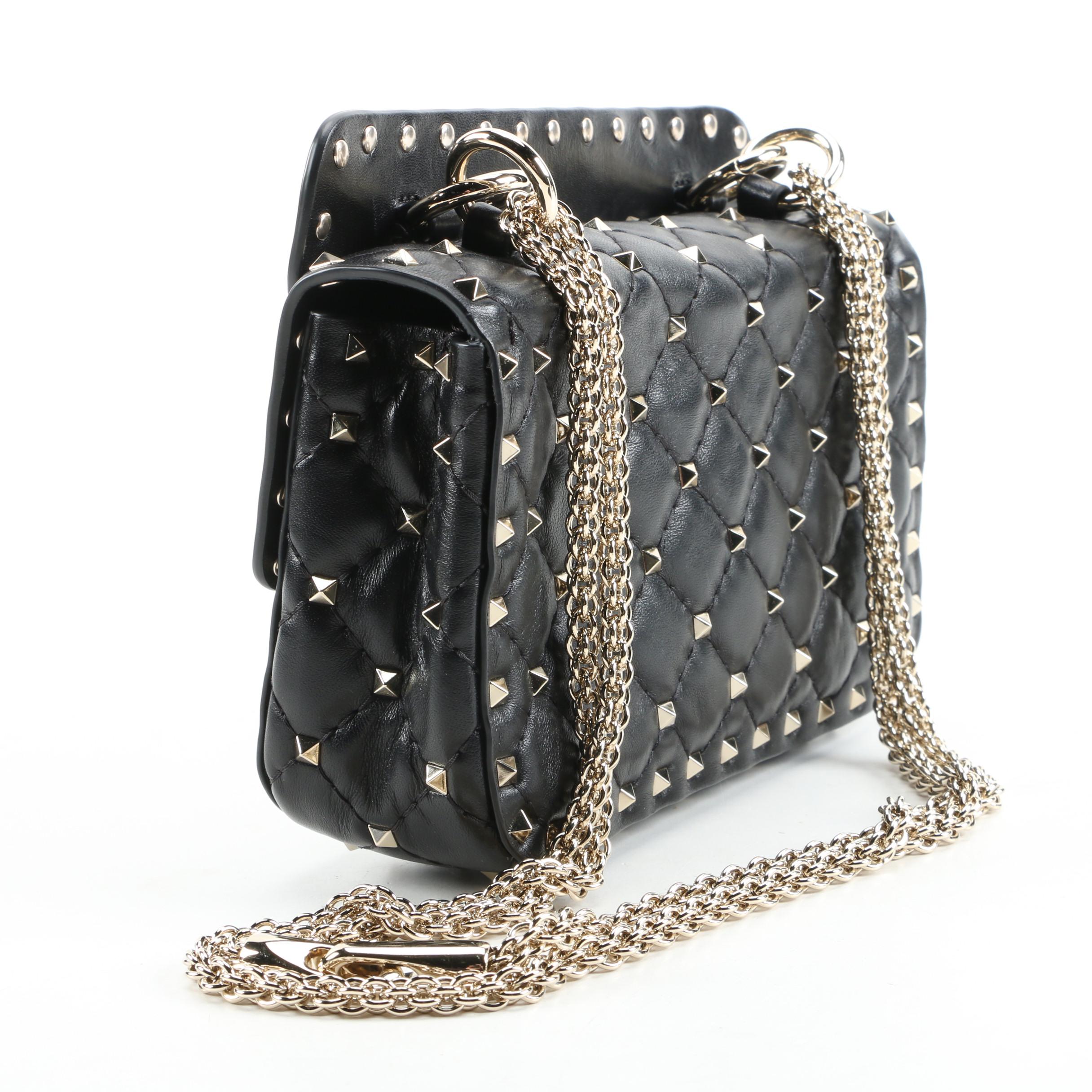 Valentino Rockstud Shoulder Bag in Black Quilted Leather with Chain Strap