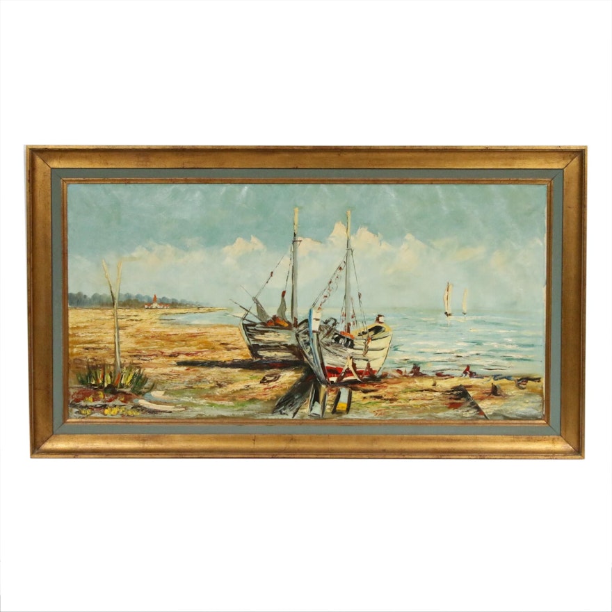 Beach Scene with Boats Oil Painting, Mid-20th Century