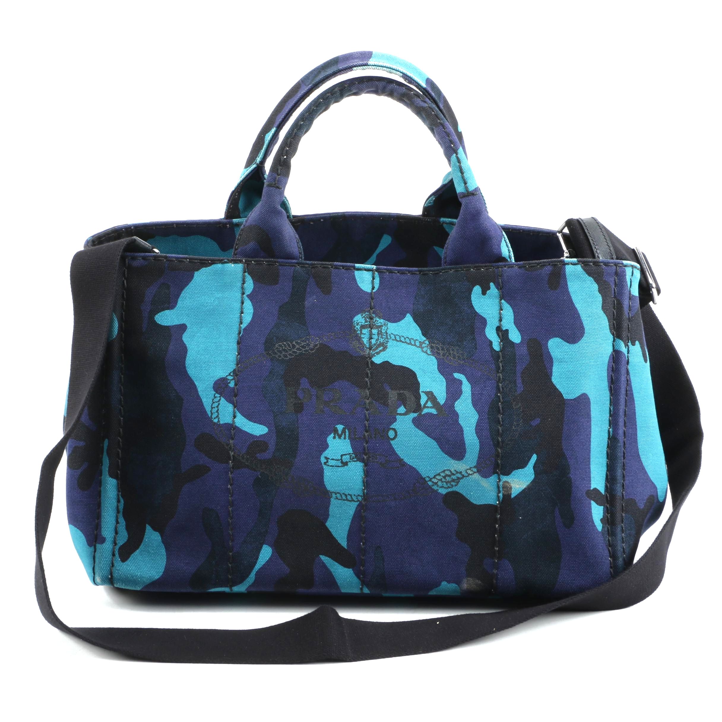 Prada Convertible Tote Bag in Blue Printed Canapa Canvas