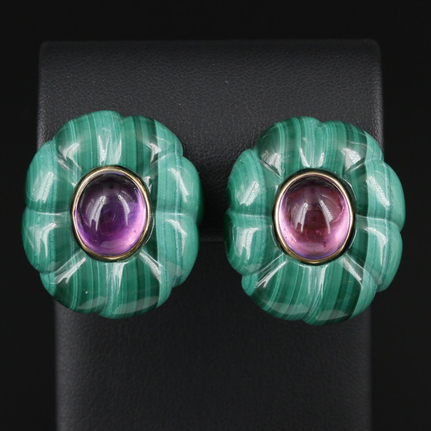 14K Yellow Gold Amethyst and Malachite Button Earrings