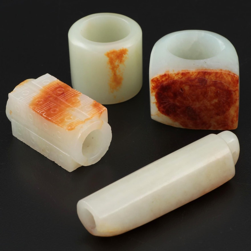 Chinese Carved Nephrite Jade Archer Rings and More