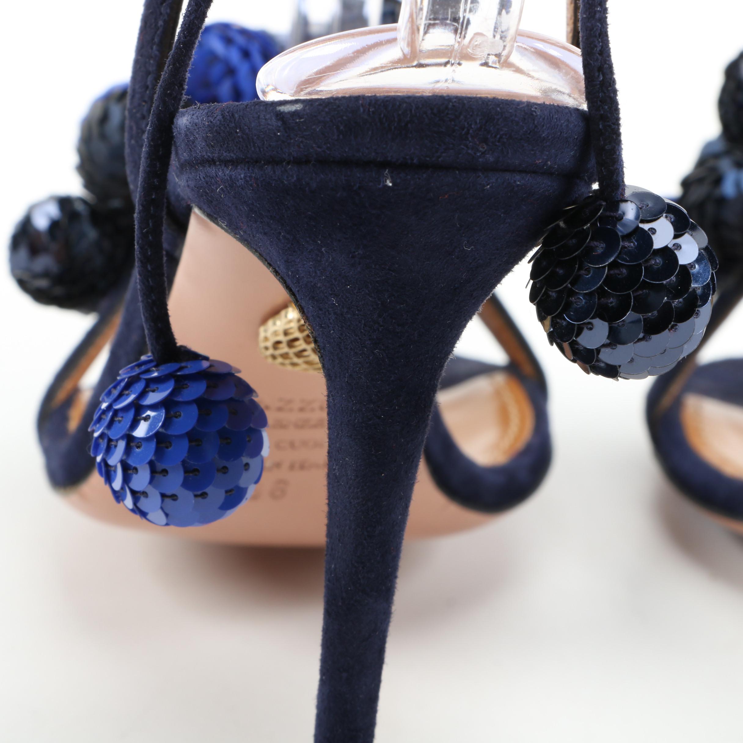 Aquazzura Disco Thing Blue Suede and Sequin Strappy Heels Signed by Susan Lucci