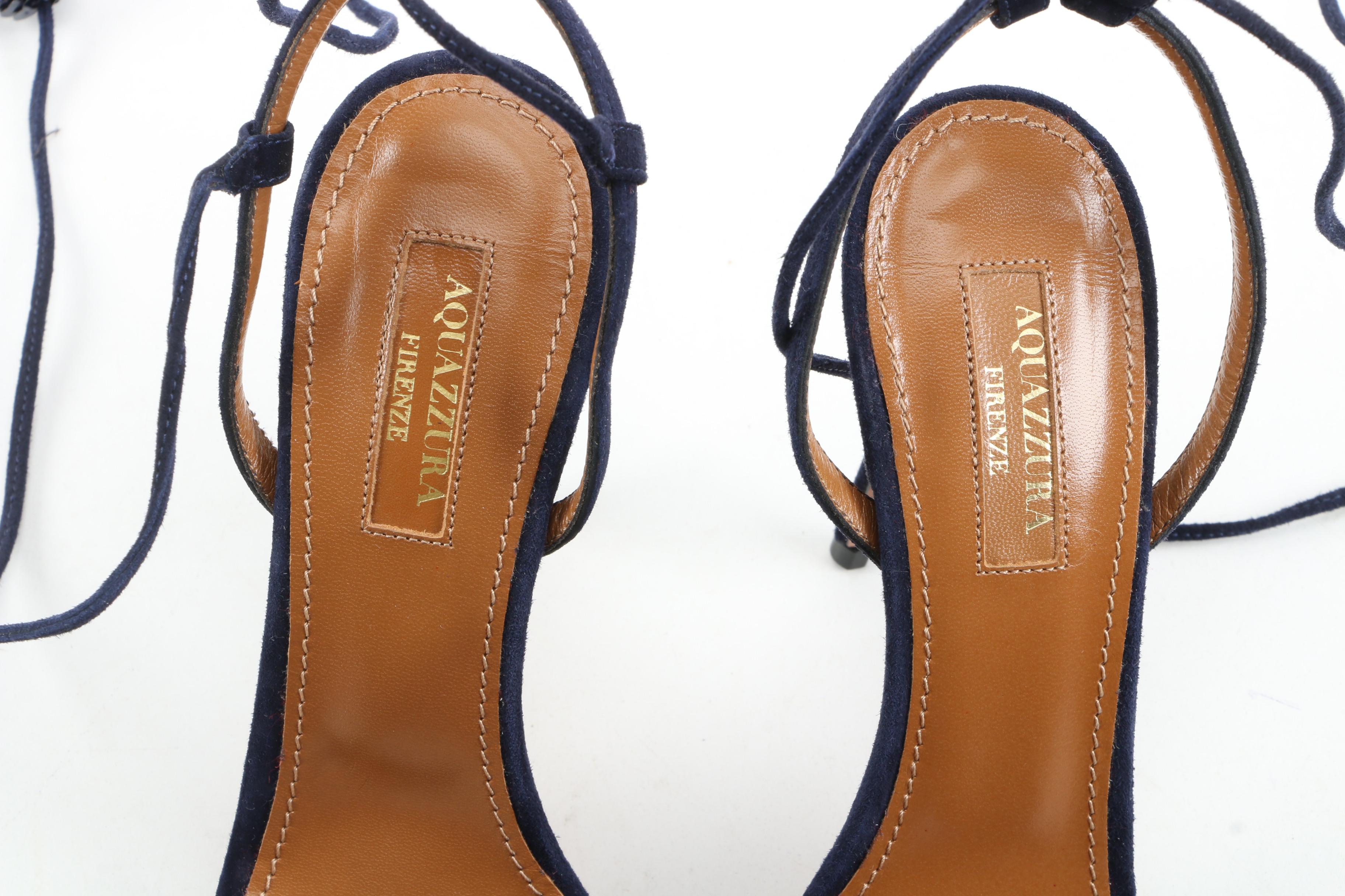 Aquazzura Disco Thing Blue Suede and Sequin Strappy Heels Signed by Susan Lucci