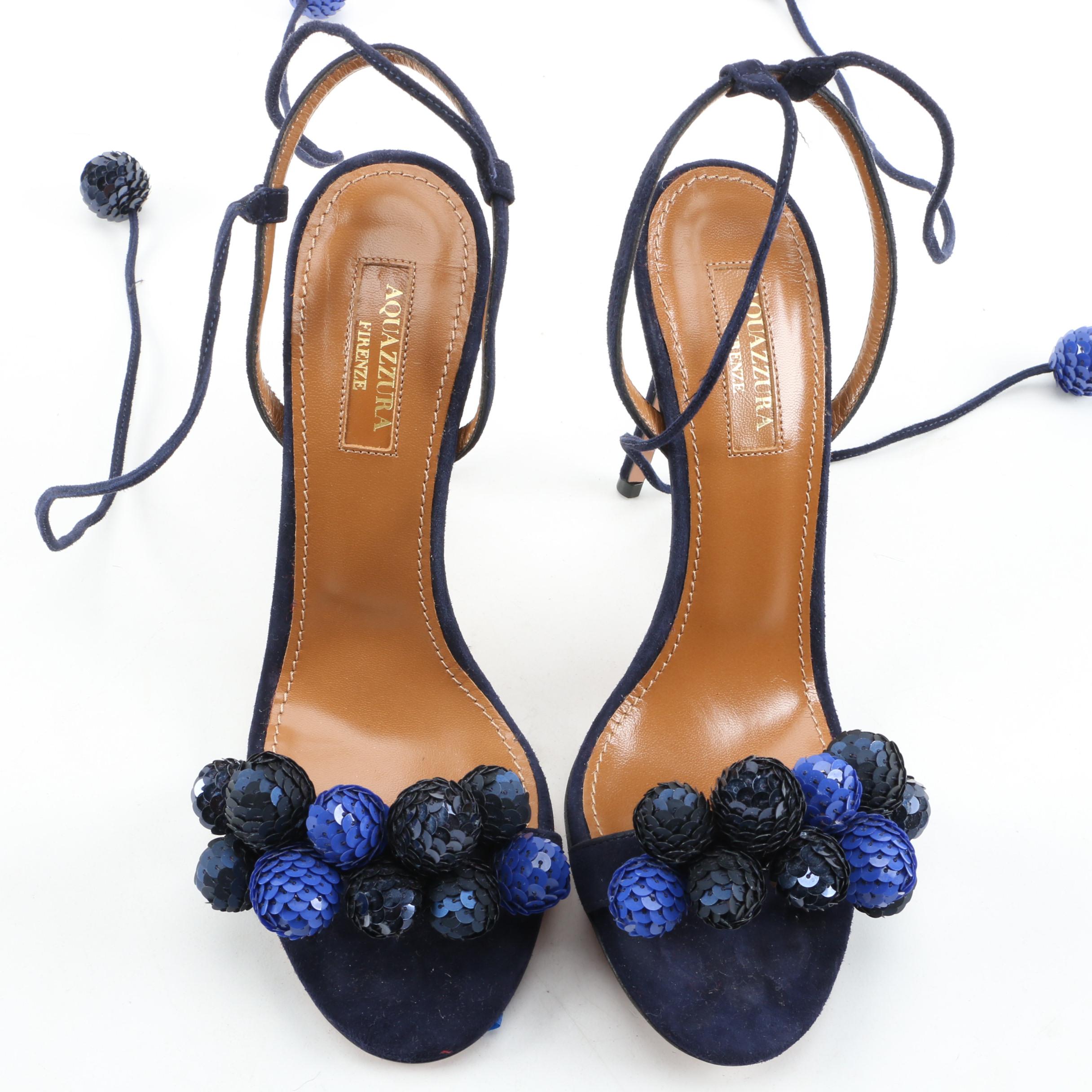 Aquazzura Disco Thing Blue Suede and Sequin Strappy Heels Signed by Susan Lucci