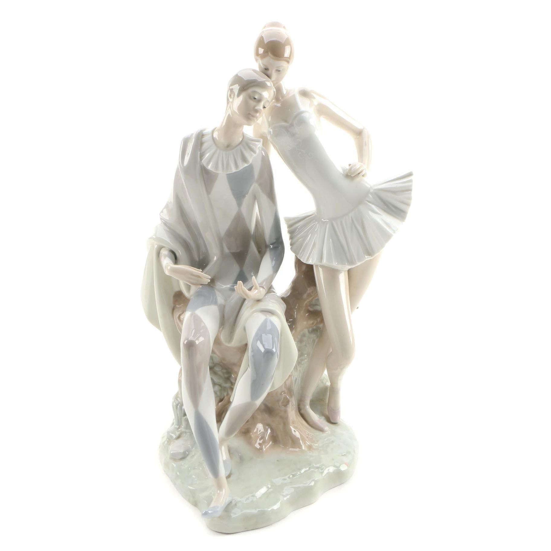 Lladró Porcelain Harlequin with Lute and Ballerina Figurine, 1971–1974