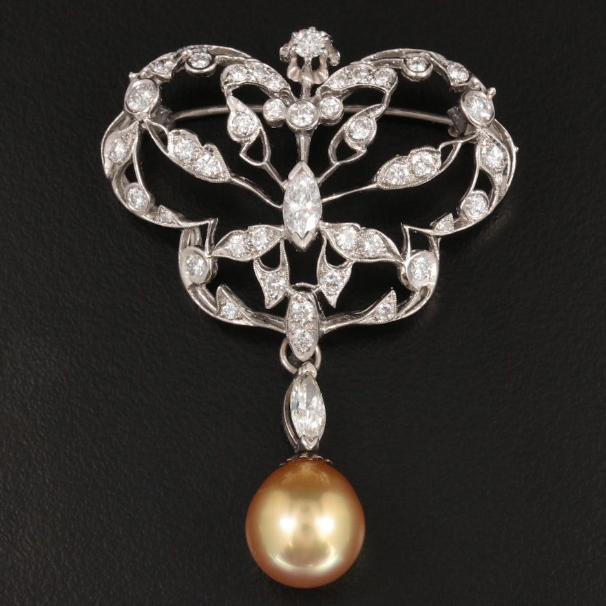 Vintage Platinum and 14K White Gold Pearl and 2.55 CTW Diamond Brooch