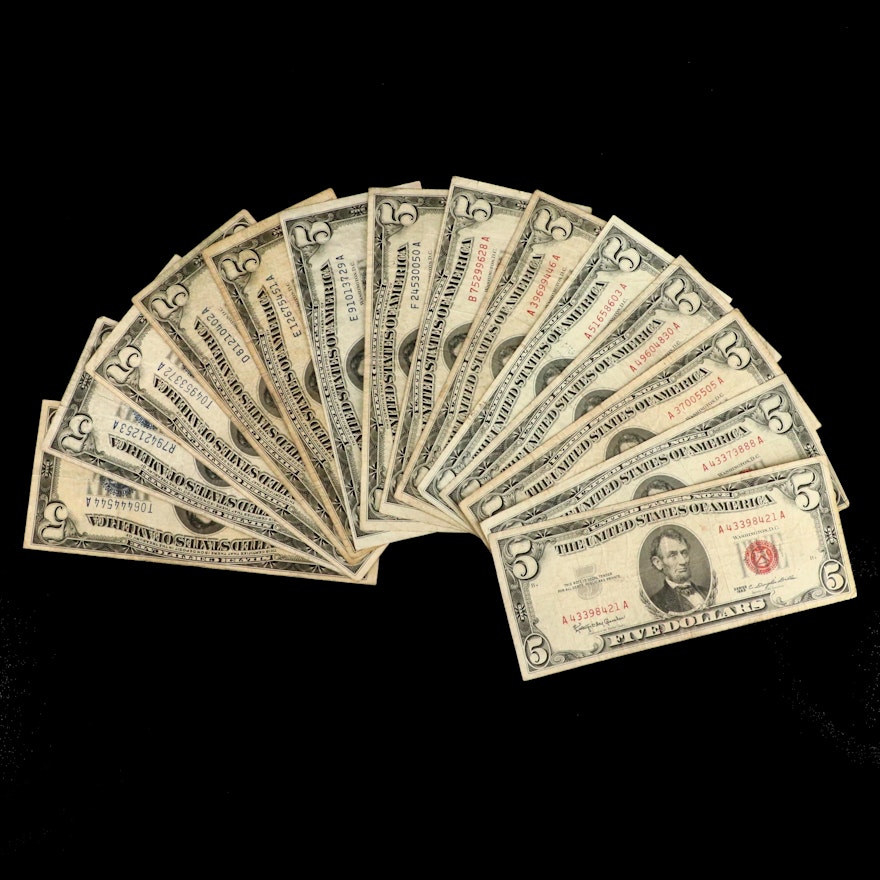 Fourteen Various $5 United States Currency Notes Varying from 1934 to 1963