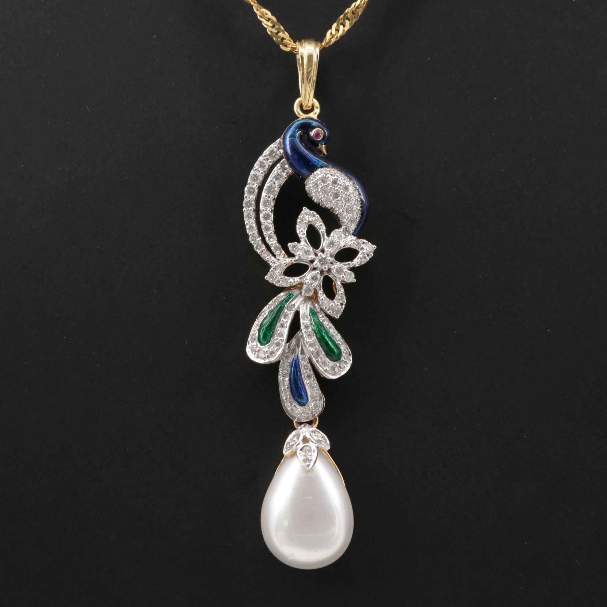 18K Pearl, Diamond and Ruby, Peacock Pendant with 14K Gold Chain Necklace
