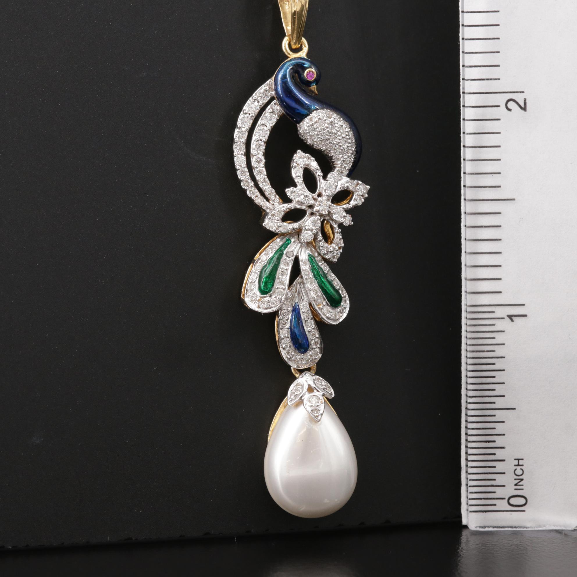 18K Pearl, Diamond and Ruby, Peacock Pendant with 14K Gold Chain Necklace