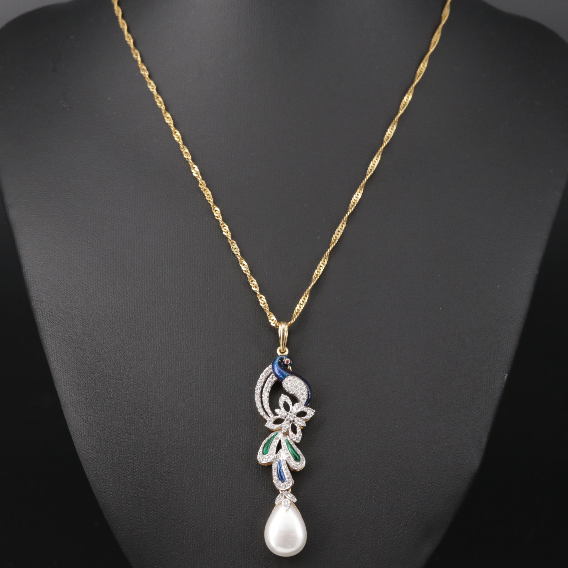 18K Pearl, Diamond and Ruby, Peacock Pendant with 14K Gold Chain Necklace