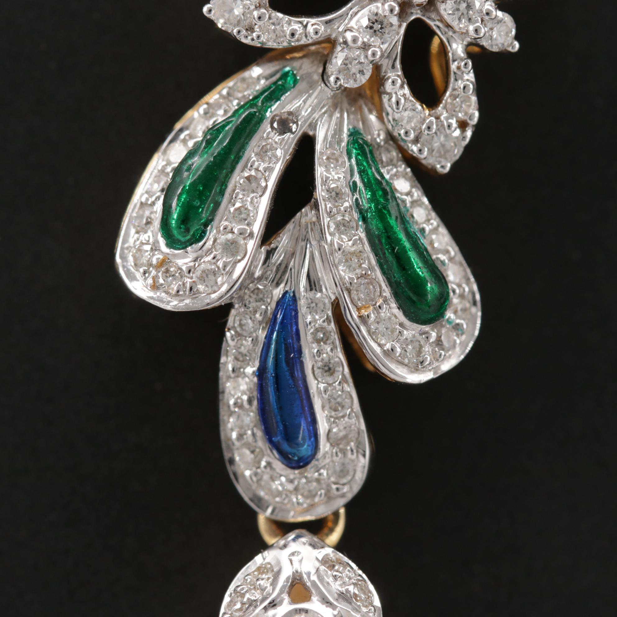 18K Pearl, Diamond and Ruby, Peacock Pendant with 14K Gold Chain Necklace