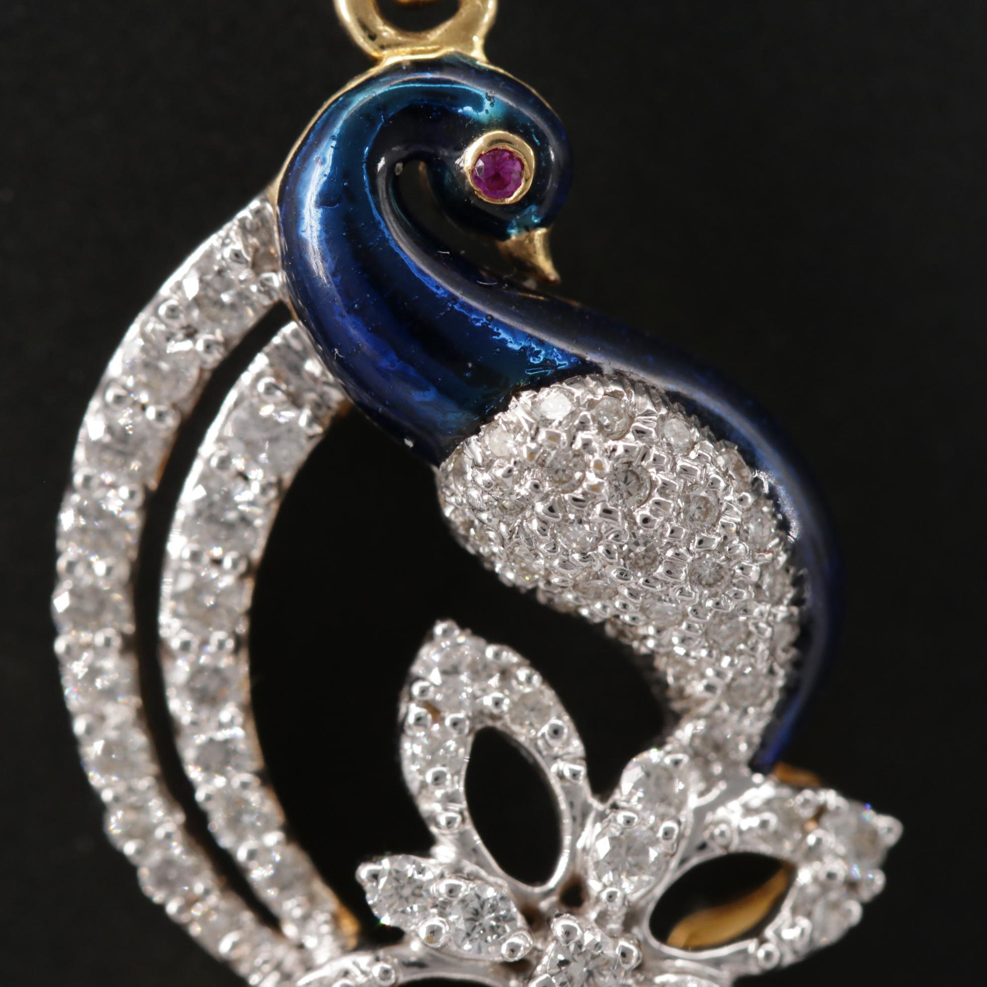 18K Pearl, Diamond and Ruby, Peacock Pendant with 14K Gold Chain Necklace