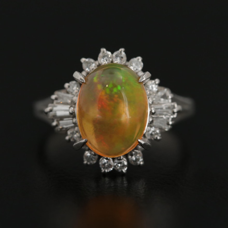 Platinum 3.16 CT Contra Luz Opal and Diamond Ring