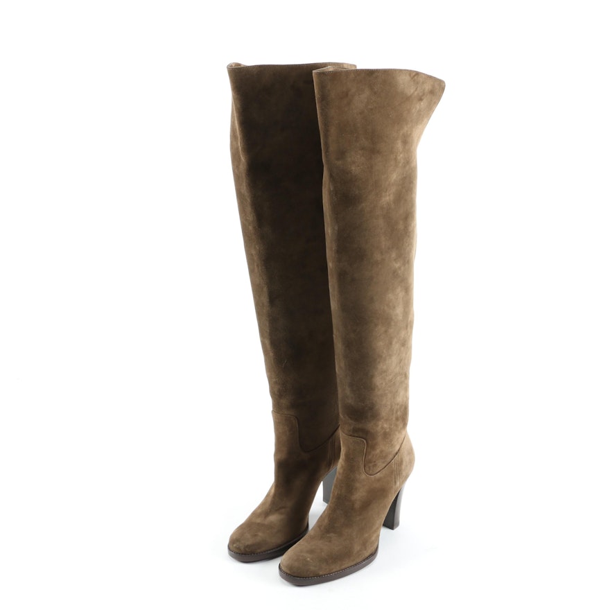 Ralph Lauren Collection Olive Suede Over-the-Knee Stacked Heel Boots