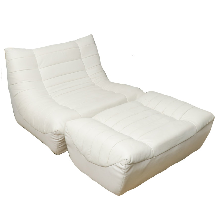 White Leather Lounge Chair with Ottoman