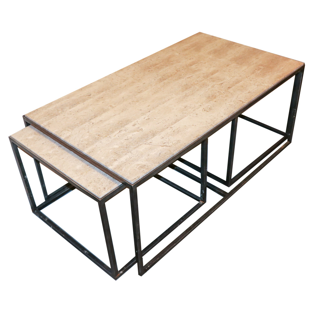 Metal and Stone Top Coffee Table with Two Side Tables