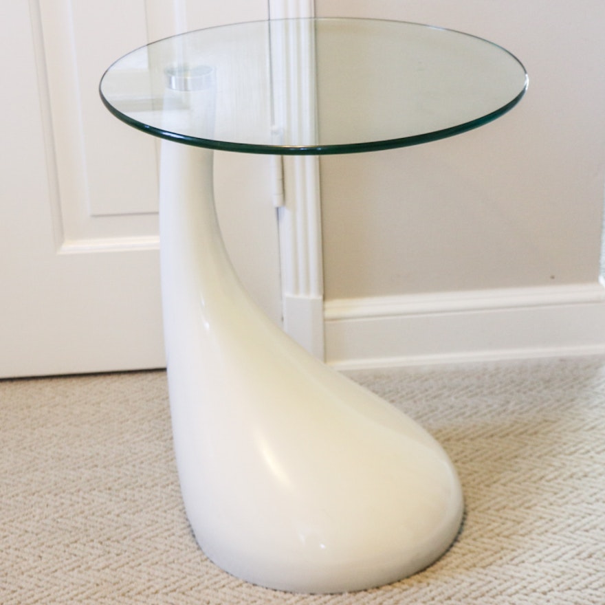 Modernist Style White Plastic and Glass Top Teardrop Side Table