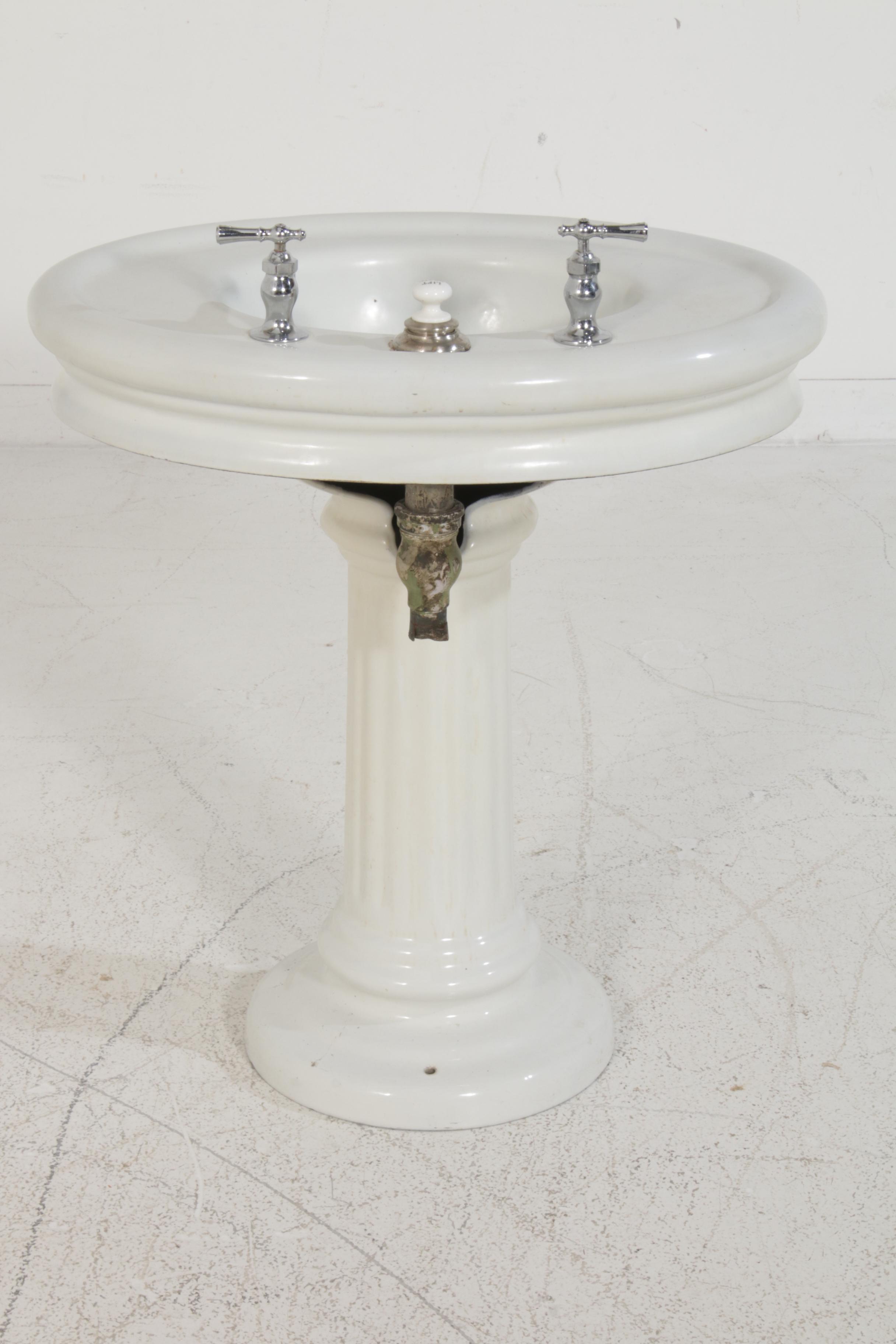 Oval White Enameled Cast Iron Pedestal Sink