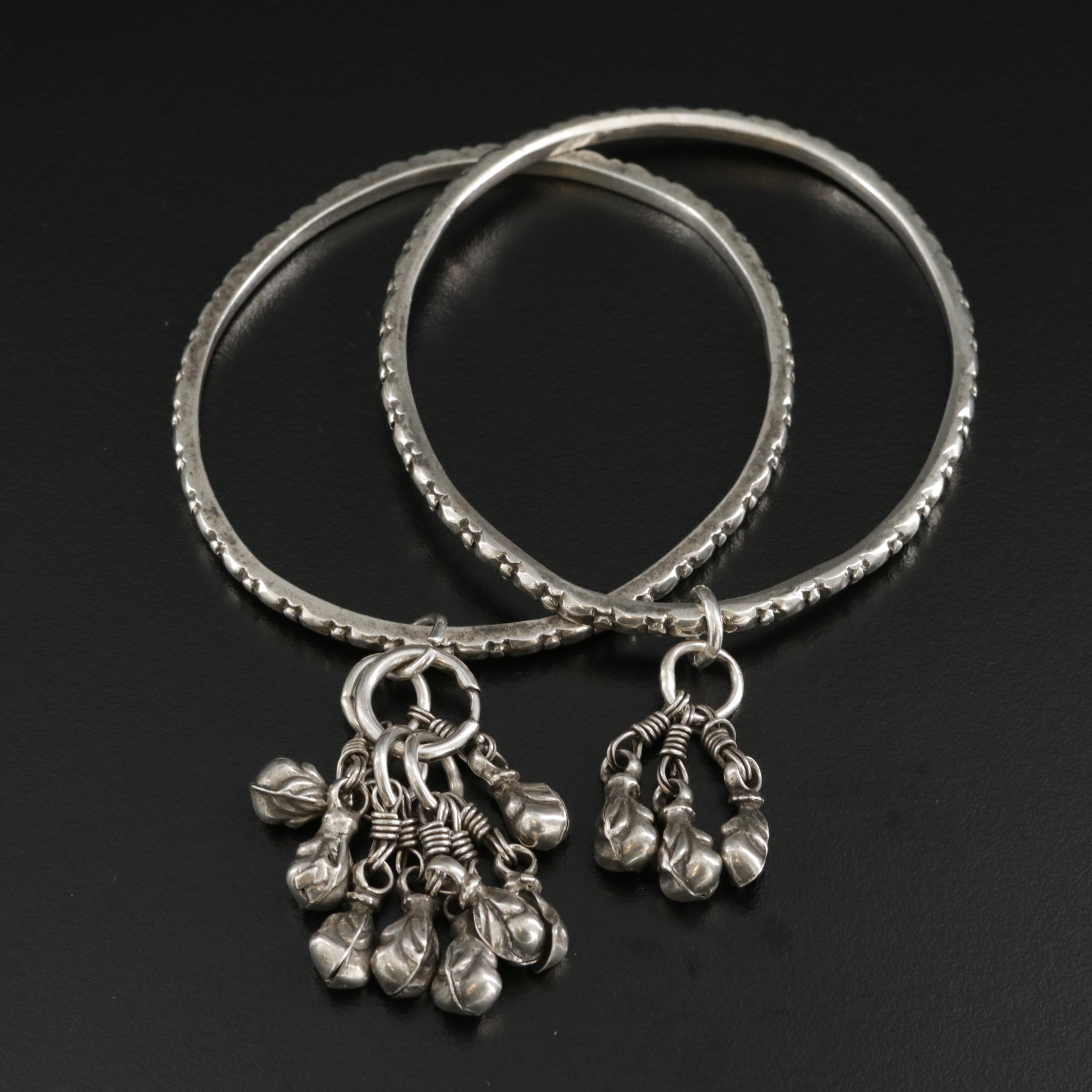 Sterling Silver Texture Bangle Bracelet with 900 Silver Charms