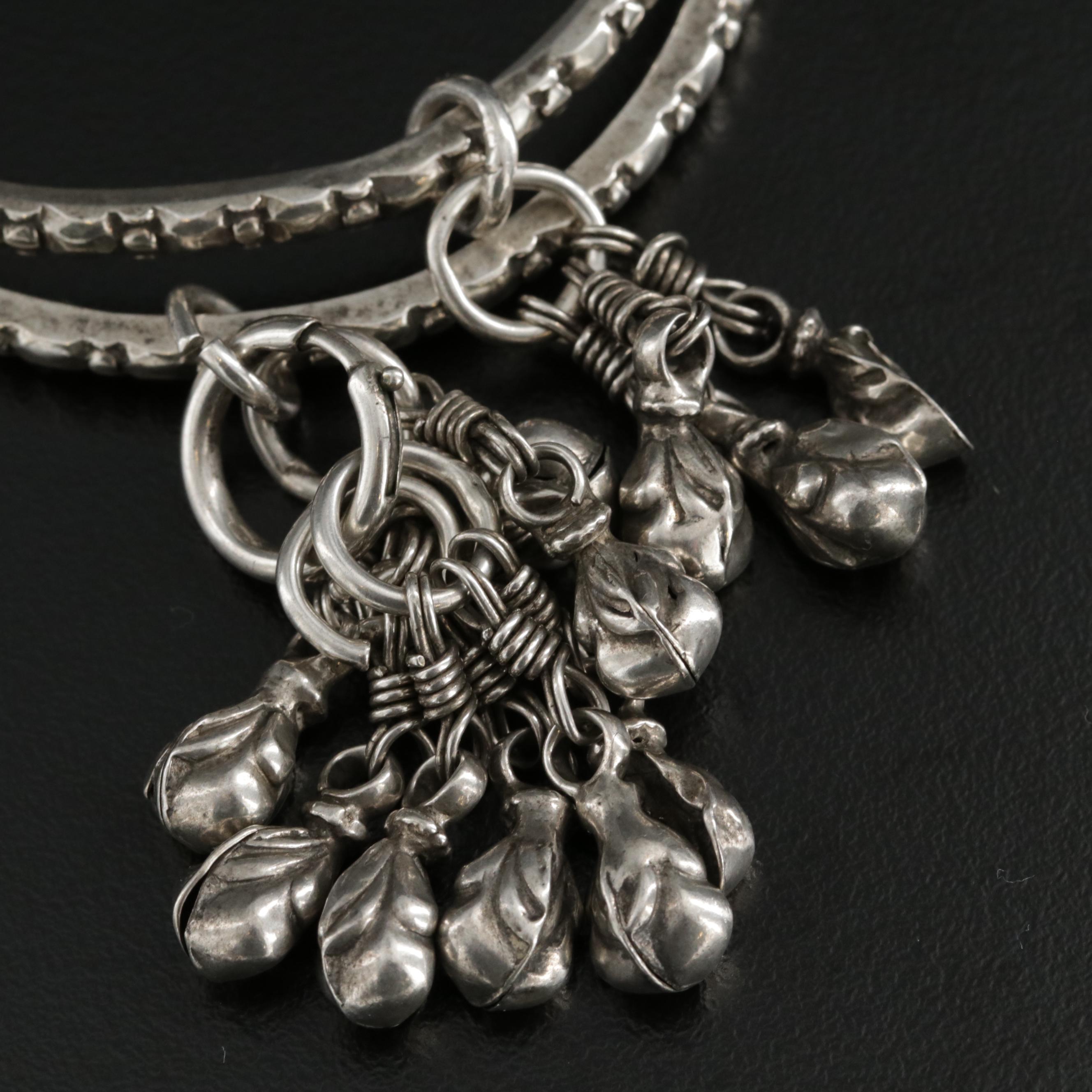 Sterling Silver Texture Bangle Bracelet with 900 Silver Charms