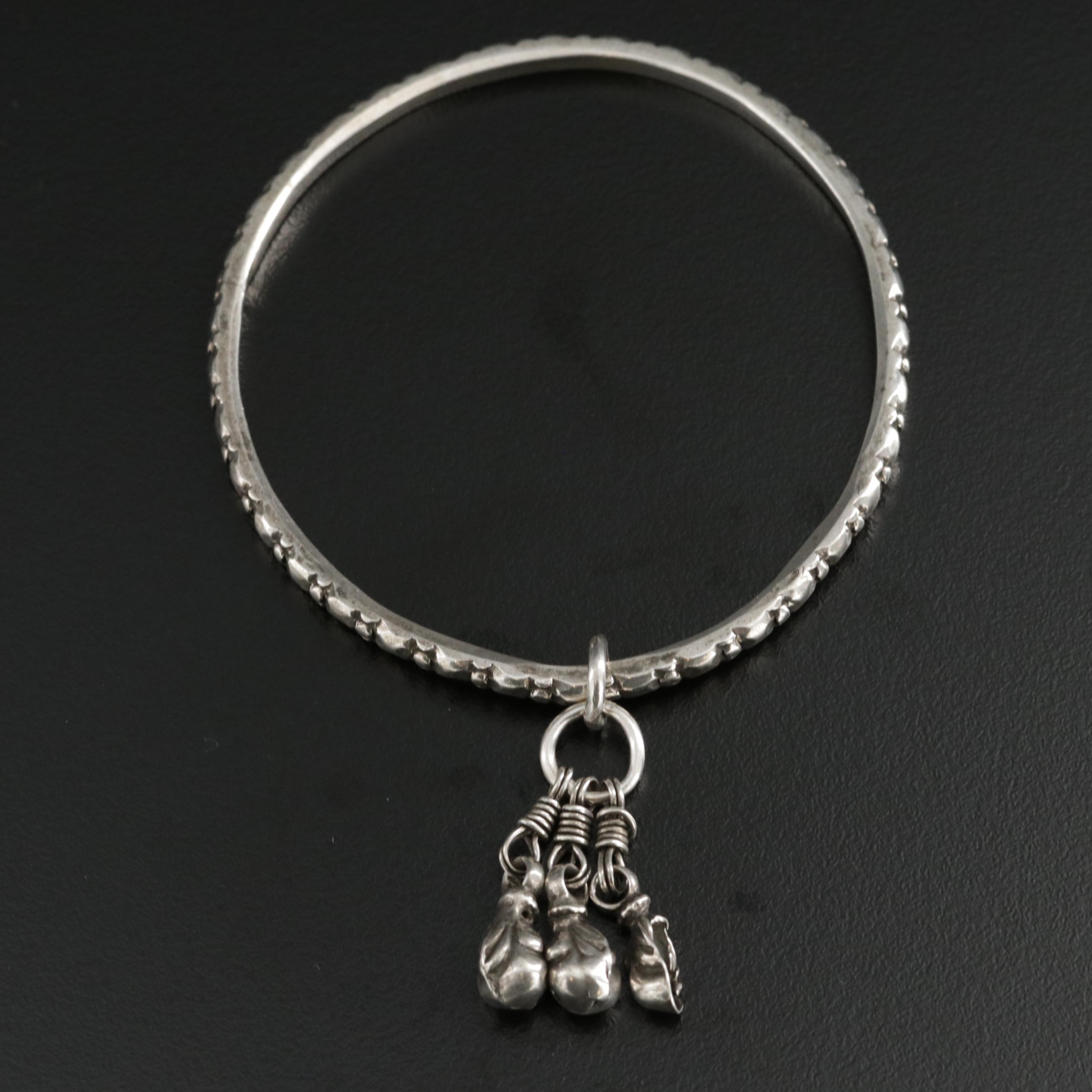 Sterling Silver Texture Bangle Bracelet with 900 Silver Charms