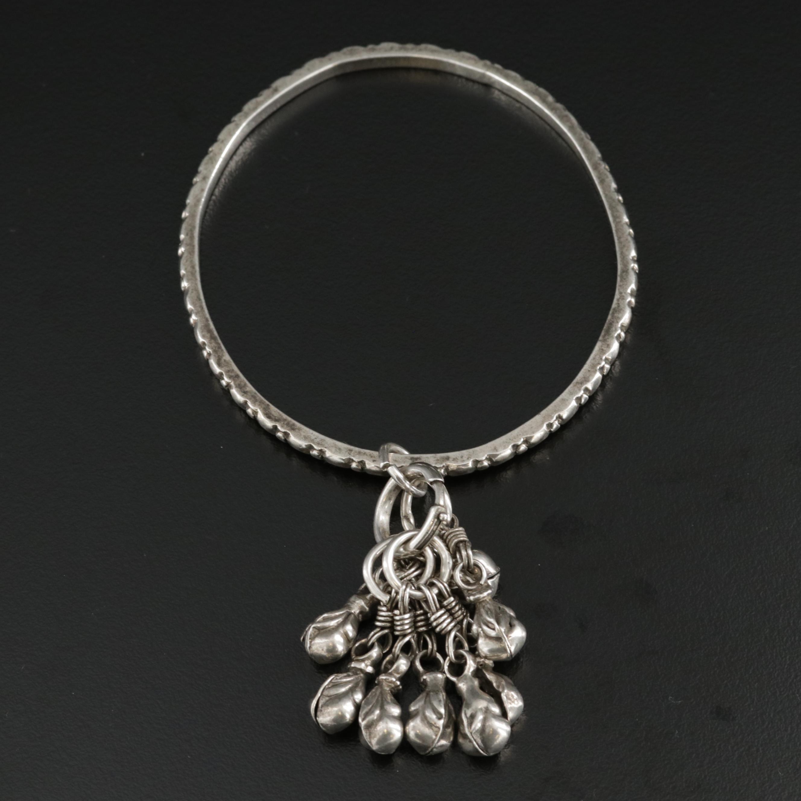 Sterling Silver Texture Bangle Bracelet with 900 Silver Charms