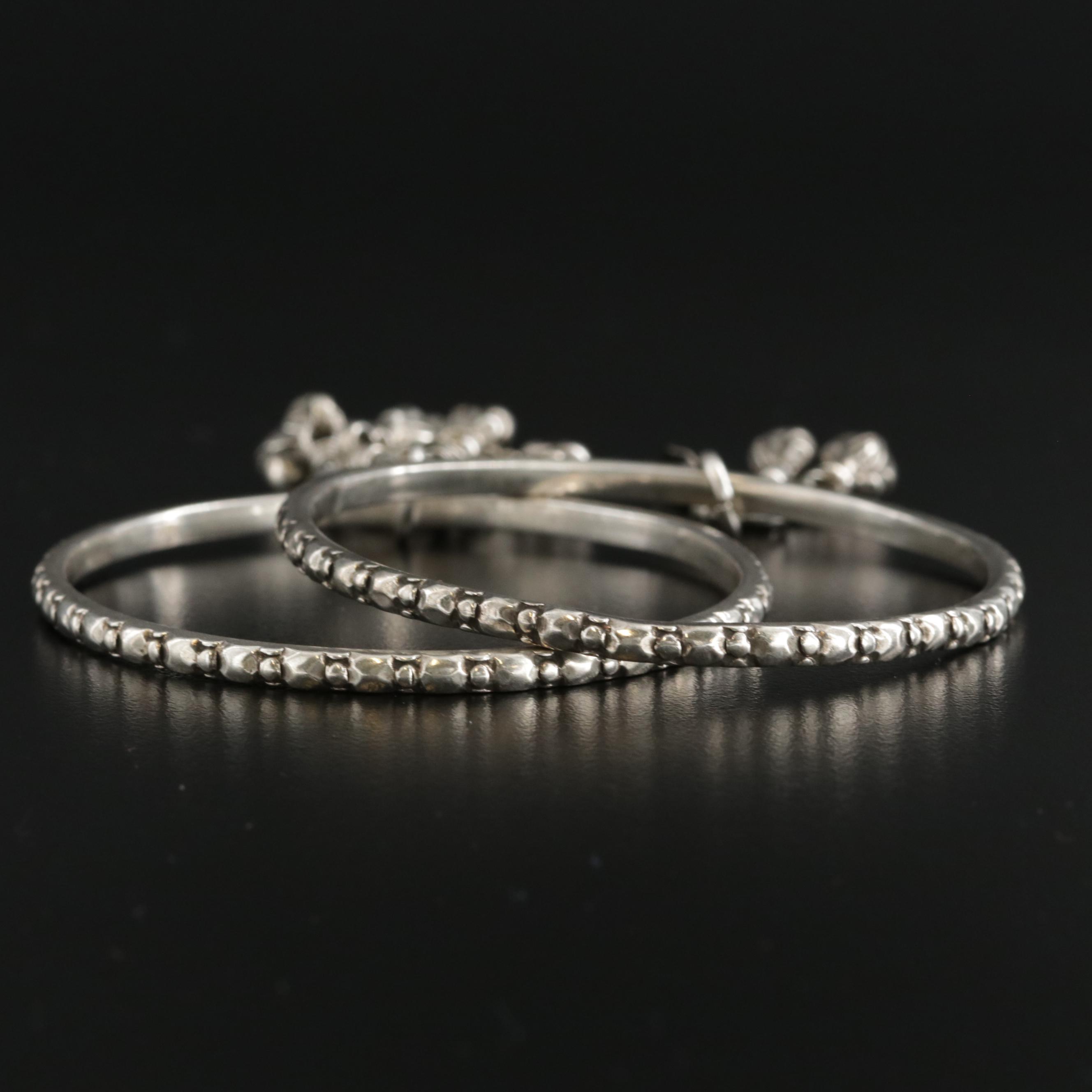 Sterling Silver Texture Bangle Bracelet with 900 Silver Charms
